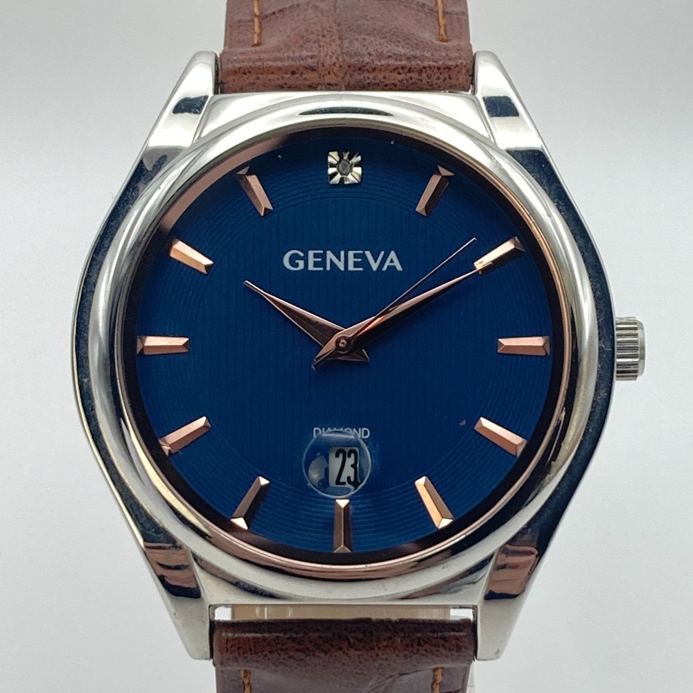 Geneva Men's Dress Watch 42mm Silver Rose Gold Tone Diamond Date New Battery